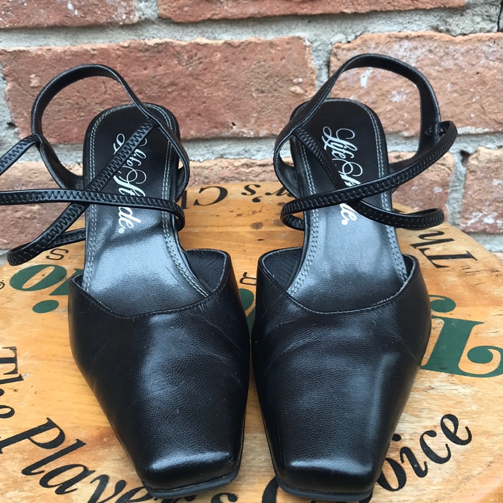 Black Square Toed Strap Heels